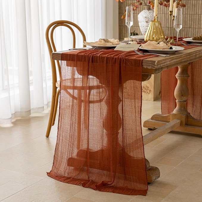Fall Table Runner Terracotta Cheesecloth 120 Inch Party Home Decorations | For Thanksgiving Friendsgiving Wedding Bridal Shower Baby Shower Engagement Party Rustic Boho Autumn Home Decor