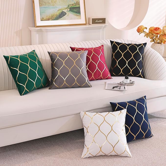 Gyulin Pack of 4 Gold Velvet Throw Pillow Covers 18x18 Inches Solid Square Pillow Covers Geometric Cushion Covers for Couch Sofa Home Bedroom Decor, Black