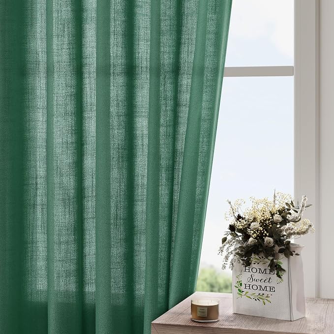 Dark Green Linen Curtains 102 Inches Long Rod Pocket Back Tab Drapes 2 Panels Set for Living Room Sheer Light Filtering Sheer Emerald Green Curtain 102 Length for Patio Sliding Glass Door 52x102