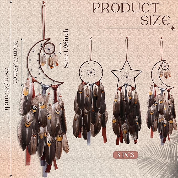 Jetec 3 Pcs Dream Catcher for Girl Star Sun Moon Decor, Brown