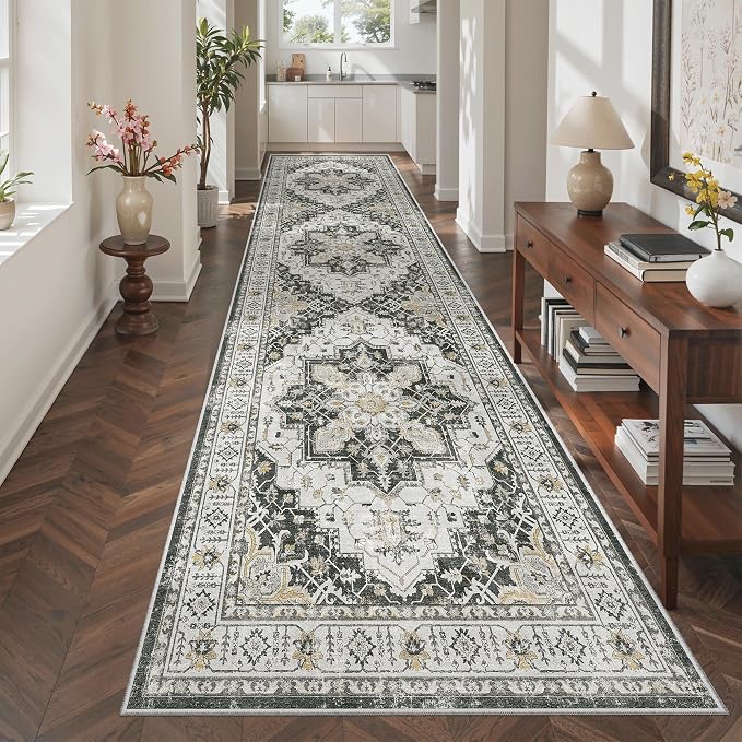 Madane Hallway Runner Rug 3x10 Washable Kitchen Runners 10ft, Black | Vintage Non-Slip Entryway Area Rugs Indoor, Soft Low-Pile Farmhouse Wide Floor Carpet for Bathroom Living Room Bedroom Foyer