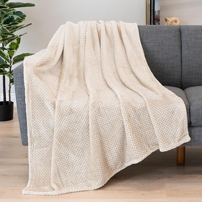 PAVILIA Cream Beige Throw Blanket for Couch Sofa Bed, Soft Fuzzy Waffle Jacquard Microfiber, Warm Lightweight Fade-Resistant Decorative All Season Throw, 50x60