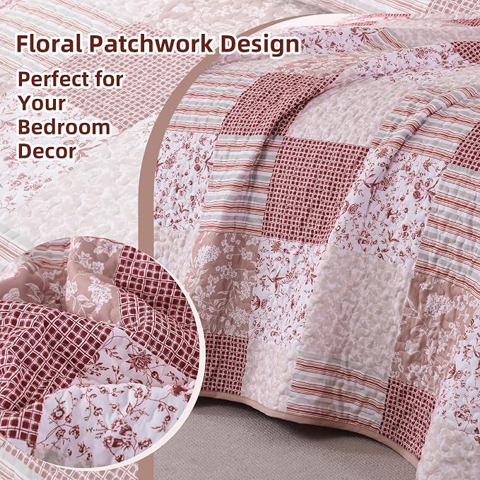 Mybedsoul Boho Quilts Queen Size, Patchwork Floral Bedding Set, Pink | Soft Lightweight Microfiber Coverlet Set, 3 Pieces Plaid Reversible Bedspread, Bed Sets for All Seasons 96"x90"