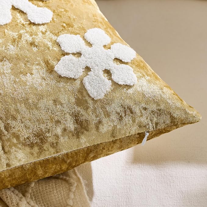KINDREX Christmas Snowflake Throw Pillow Covers 18x18 Set of 2 Winter Holiday Decorative Gold Embroidered Luxurious Velvet Accent Pillowcase for Sofa Couch Bed Living Room Home Decor