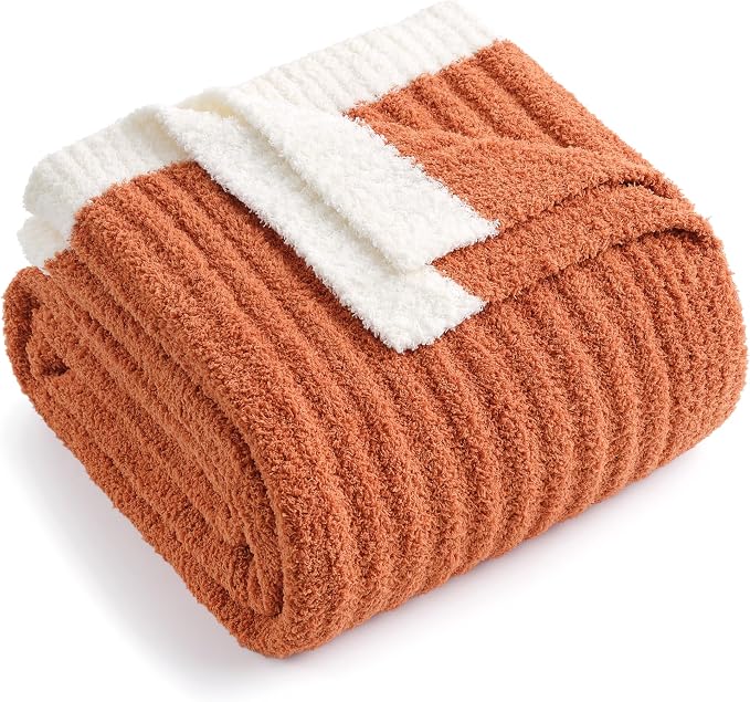 Snuggle Sac Ribbed Burnt Orange Fall Throw Blanket for Couch, Fuzzy Microfiber Knit Blankets for Couch, Sofa, Travel, Burnt Orange, 50x60 inches