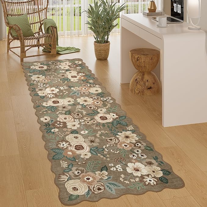 DUKINO 2x6 Runner Rug, Floral Washable Rug for Kitchen, Light Taupe | Soft, Low Pile, Non-Shedding Long Runner Rugs for Kitchen, Entryway, Bedroom, Bathroom, Pet Friendly, Home Decor, Ultra-Thin