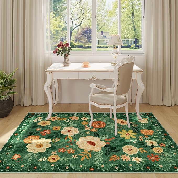 DUKINO 3x5 Area Rug, Floral Washable Rug for Bedroom Non Slip, Dark Green | Soft, Stain Resistant Low Pile Indoor Rug for Entryway, Bedroom, Bathroom, Living Room, Pet Friendly, Home Decor, Lightweight