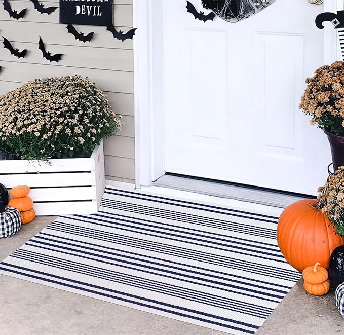 Blue and White Striped Outdoor Rug 24'' x 35'' Door Mat Outdoor Machine Washable Welcome Mats Cotton Hand-Woven Entryway Rug for Front Porch/Entryway/Laundry/Bathroom/Bedroom