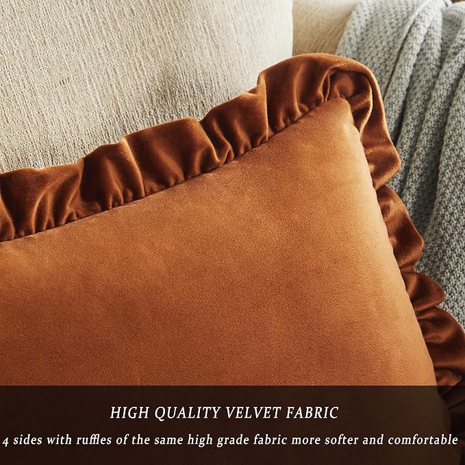 GIGIZAZA Burnt Orange Decorative Throw Pillow Covers, 18x18 Velvet Ruffle Cushion Pillow Covers for Sofa Couch Set of 2