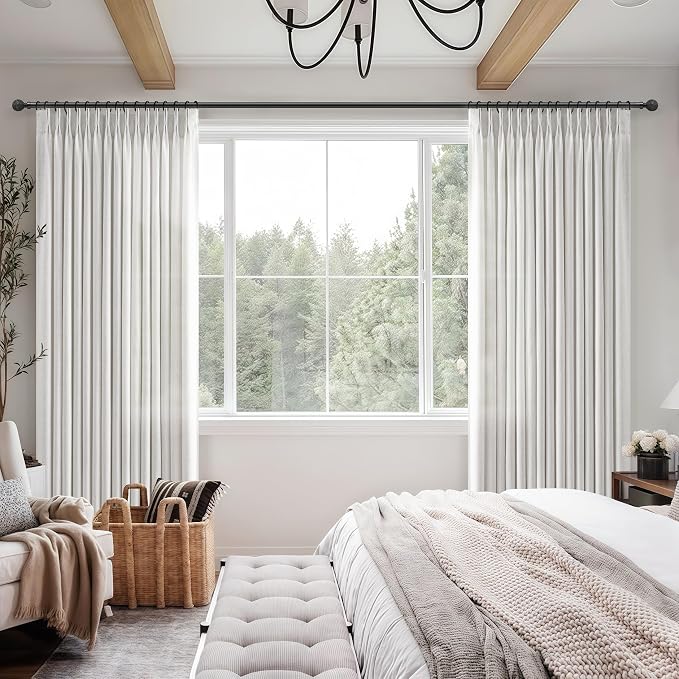 Off White Light Filtering 60 Inch Wide Bedroom Curtains 120 Inches Extra Long, Memory Trained Pinch Pleated Flax Linen Semi Sheer Windows Drapes Privacy Decorative Curtain 10 FT Length 2 Panels Set