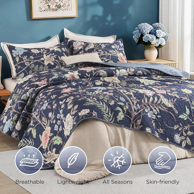 Litanika Floral Ocean Blue Quilt - 3Pcs Botanical Birds Pattren Bed | Super King Bedspread Summer Lightweight Soft Coverlet with Pink Flower for All Seasons (120"x120")