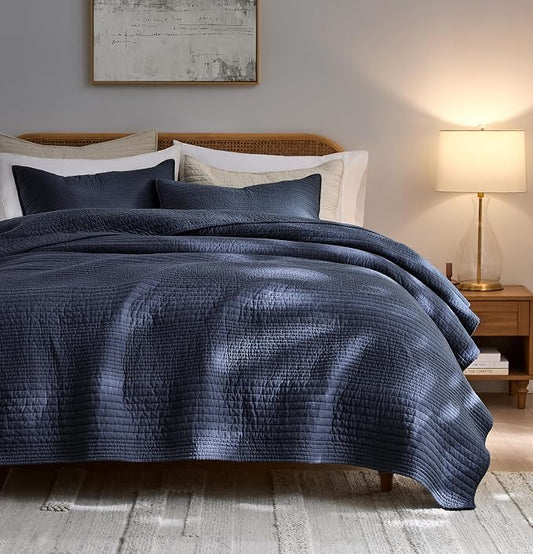 palassio Striped Navy Blue 100% Cotton Quilt King Size Bedding Sets, Lightweight Crinkly Channel Pick Stitch Textured Bedspread Soft Shabby Chic Farmhouse Country Coverlet for All Season, 2 Shams