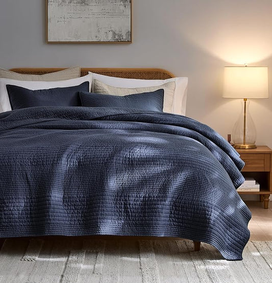 palassio Striped Navy Blue 100% Cotton Quilt Twin Size Bedding Sets, Lightweight Crinkly Channel Pick Stitch Textured Bedspread Soft Shabby Chic Farmhouse Country Coverlet for All Season, 1 Sham