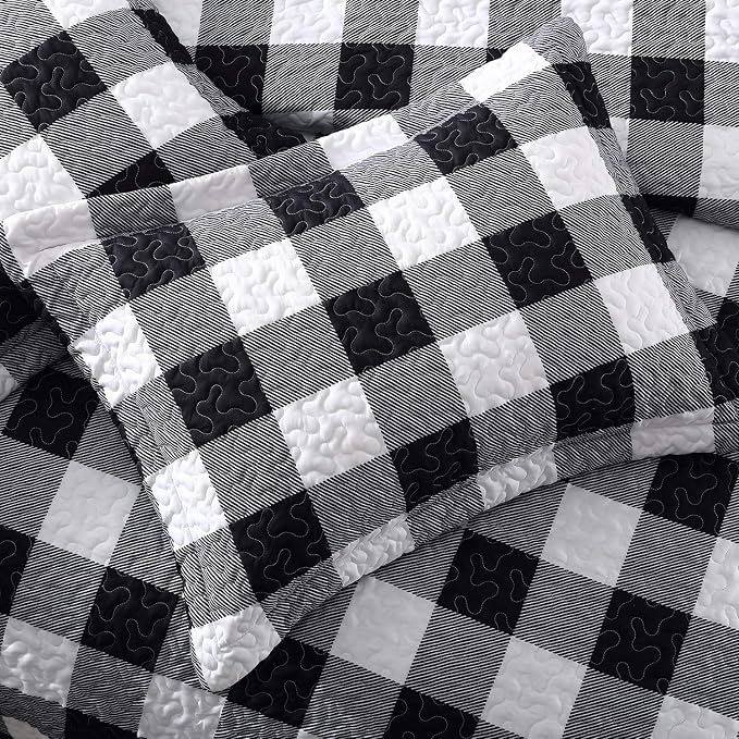 EXQ Home Quilt Set Twin Size Black and White Squares Bedspread | Soft Microfiber Bedspread, Breathable & Wrinkle-resistant Coverlet. All-season Use for Hot Sleepers. 2-pc Set with 1 Sham