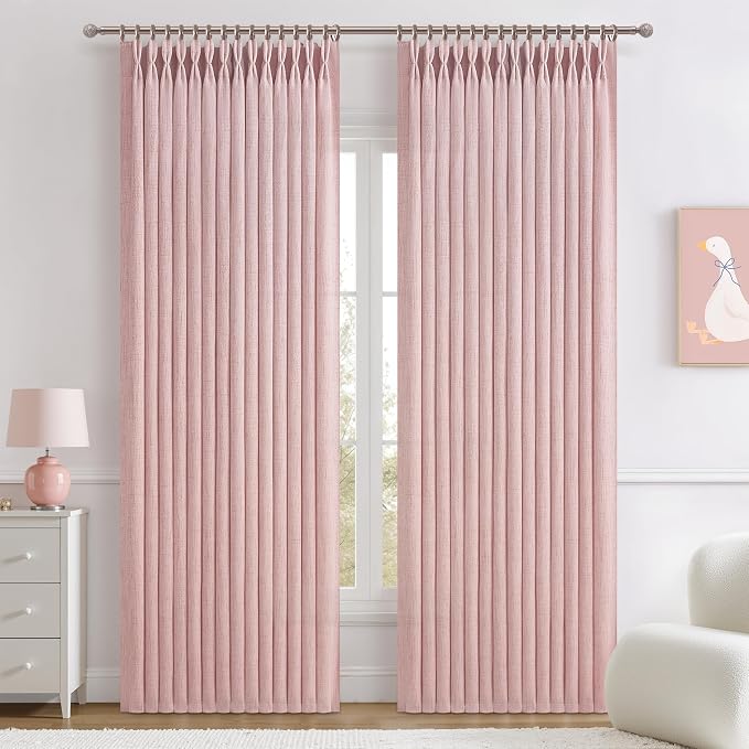 Cute Baby Pink Memory Trained Pinch Pleated Curtains 84 Inch Length 2 Panels Set for Girl Room Nursery, Linen Blend Light-Pink Princess Semi Sheer Light Filtering Living Room Drapes Back Tab 40Wx84L