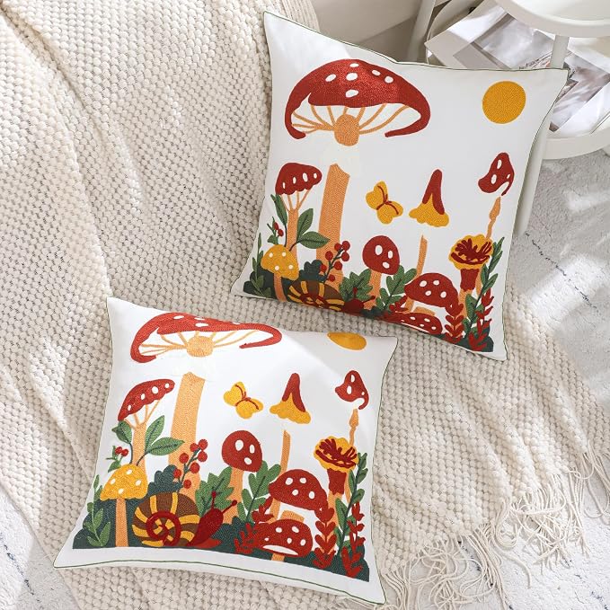 LUOYEHK Mushroom Pillow Covers 18x18 Inch Set of 2 Embroidered Throw Pillow Covers Decorative Pillow Cover Spring Summer Boho Cushion Pillowcase for Couch Sofa Bed Living Room, Mushroom Snail