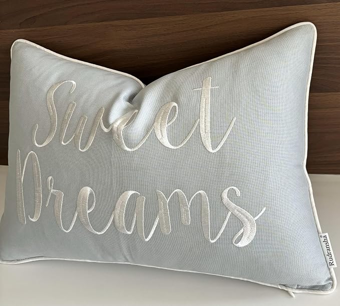 Rudransha Sweet Dreams Blue Grey Lumbar Pillow Cover 12x18 – Embroidered Script Quote Cotton Cushion Case – Good Night Sleep Bedroom Nursery Decor for Bed Crib Guest Room