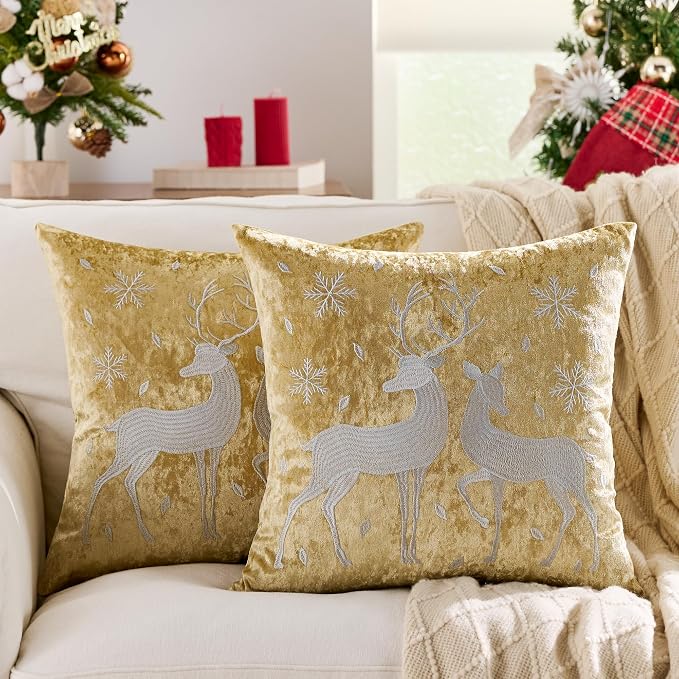 KINDREX Christmas Deer Snowflake Throw Pillow Covers 18x18 Set of 2 Winter Holiday Decorative Gold Embroidered Luxurious Soft Velvet Accent Pillowcase for Sofa Couch Bed Living Room Home Decor