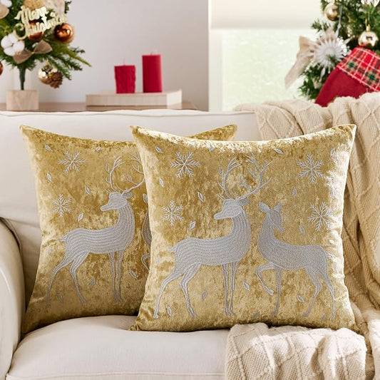 KINDREX Christmas Deer Snowflake Throw Pillow Covers 18x18 Set of 2 Winter Holiday Decorative Gold Embroidered Luxurious Soft Velvet Accent Pillowcase for Sofa Couch Bed Living Room Home Decor