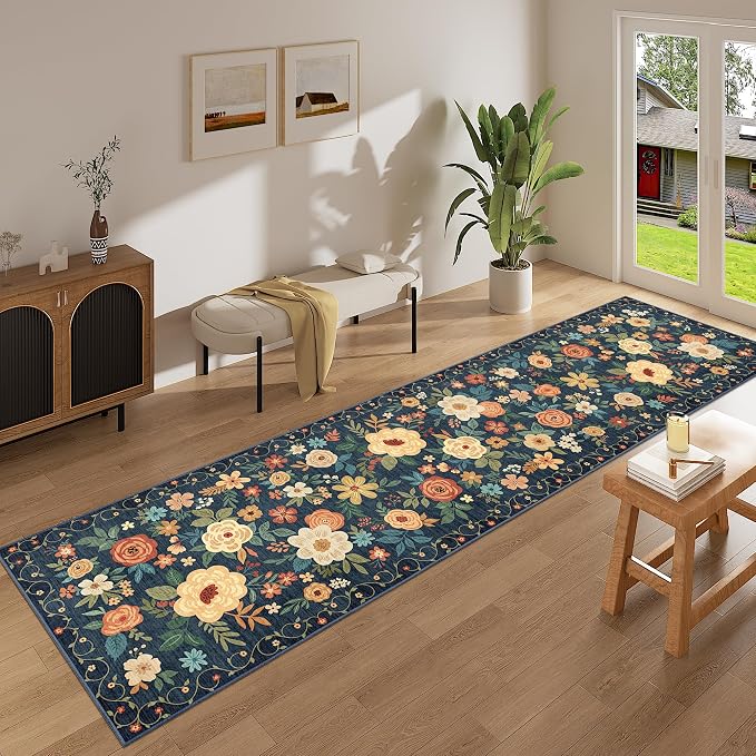 DUKINO 2.6x14 Washable Runner Rug, Floral Non Slip Runner Rug, Navy Blue | Soft, Low Pile, Ultra Thin Indoor Long Rug Runner for Hallway, Entryway, Kitchen, Bedroom, Bathroom, Pet Friendly, Home Decor