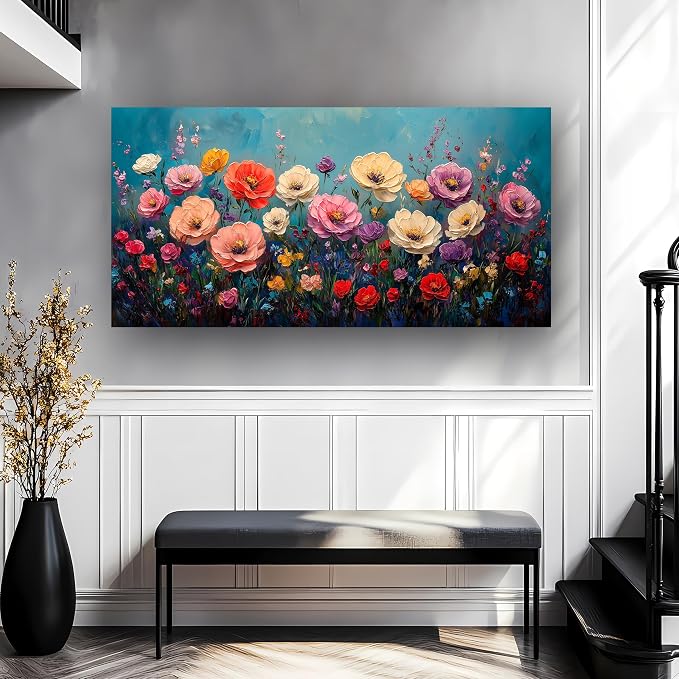 Vibrant Multicolor Flower Picture Print Canvas Wall Art Living Room Dining Room Office Study Bedroom Wall Decor Wall Art Prints Modern Style Artwork Waterproof Ready to Hang - 20x40 Inch
