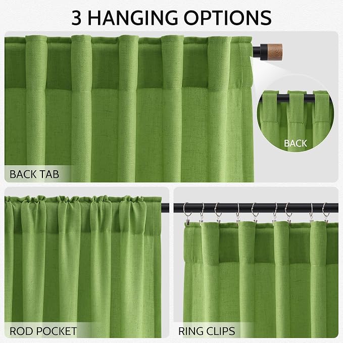 Lime Green Linen Curtains 72 Inch Long for Living Room Bedroom Lightweight Door Drapes 2 Panels Set, Semi Sheer Light Filtering Back Tab or Rod Pocket Curtain,52x72