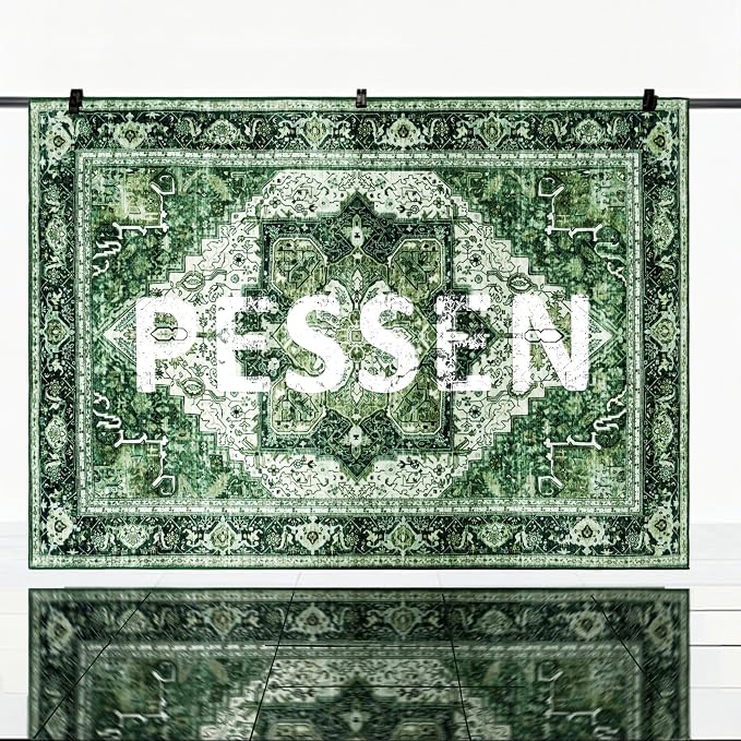 Green 5x7 Washable Rug for Living Room, Non Slip Carpet for Bedroom | Soft faux wool, machine washable & stain resistant. Non-slip rubber backing, low pile. For living room, bedroom, office.