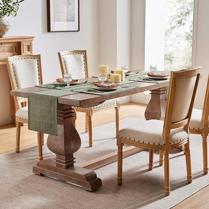 ZeeMart Linen Checked Farmhouse Table Runner, 13x90 Inches Olive | Raised Grid Design, Rich Woven Texture, Linen Blend Table Runners 90 Inches Long, Machine Washable, Boho Home Kitchen Decor