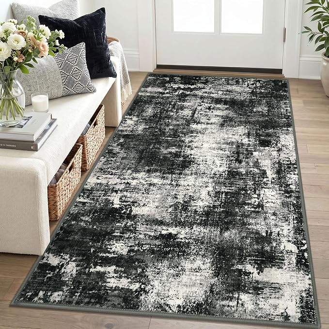 Lansny Abstract Washable Entryway Rug 3x5 Area Rug Non Slip Kitchen Rugs | Charcoal Black;Thin Printed Faux Wool Door Mat;Entry Rug;Front Door Rug Indoor;Rubber Backed Floor Carpet;Throw Rugs