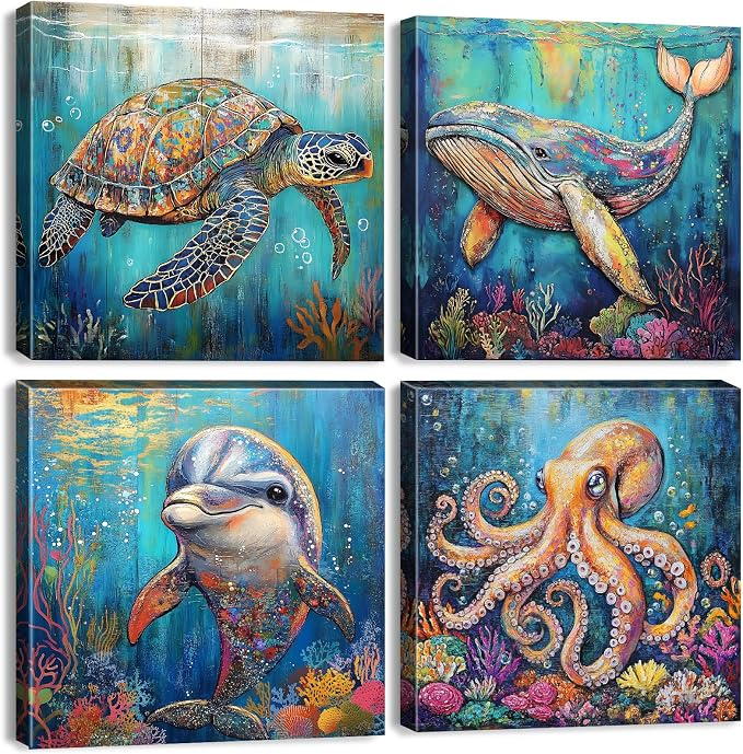 Beach Animal Wall Art Sea Turtle Bathroom Wall Decor Watercolor Octopus Whale Dolphin Pictures Canvas Prints Ocean Nursery Paintings Abstract Coastal Marine Life Posters Artwork Decoration 12x12" 4P