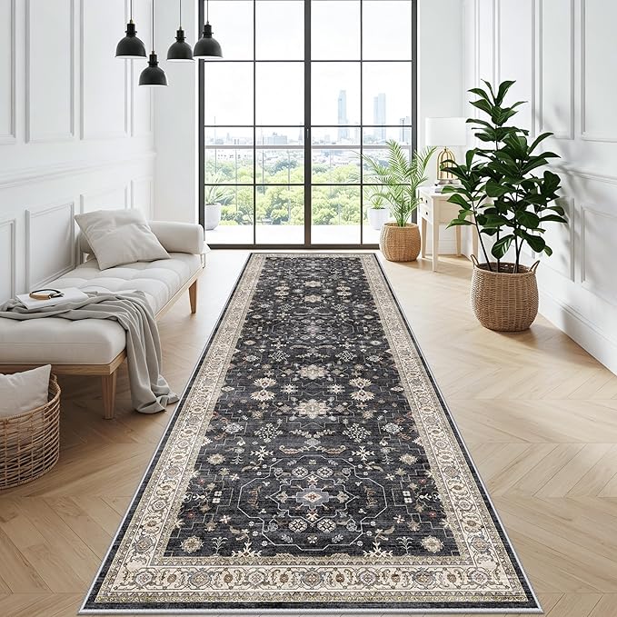Washable 4x12ft Wide Hallway Runners - Non-Slip Vintage Kitchen Rugs with Rubber Backing Farmhouse Distressed Carpet for Dining Room Soft Thin Floor Mat for Living Room Bedroom (Black/Multi,4x12)