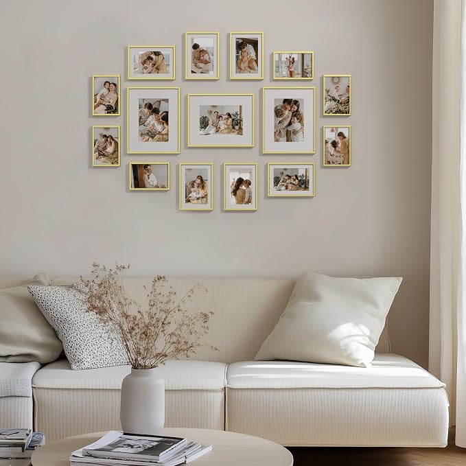 eletecpro Aluminum Gallery Wall Frame Set of 15 with Glass Cover, Gold | Including 3Pcs 8x10, 6Pcs 5x7, 6Pcs 4x6 Photo Frames, Multiple Sizes Picture Frames Collage Wall Decor or Tabletop Display