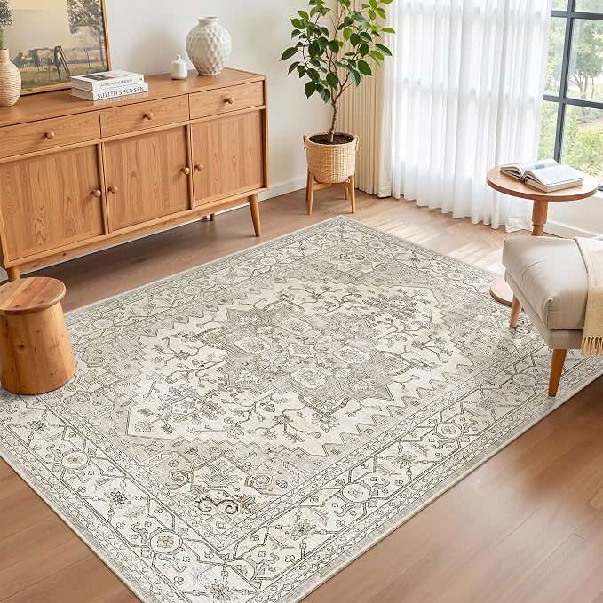 Madane Area Rug 3x5, Washable Vintage Entry Rugs for Bedroom, Beige/Brown | Vintage Entryway Bedroom Non Slip Door Mat Indoor Entrance, Kitchen Runner Living Room Laundry Playroom Soft Floor Carpets