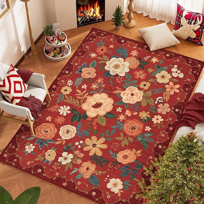 DUKINO 5x7 Area Rugs, Floral Washable Rug for Living Room Non Slip, Red | Soft, Low Pile, Stain Resistant Indoor Rug for Bedroom, Dining Room, Office, Pet Friendly, Lightweight, Modern Home Decor
