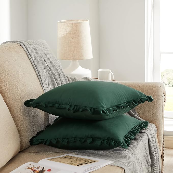 GIGIZAZA Army Green Decorative Throw Pillow Covers, 16x16 Velvet Ruffle Cushion Pillow Covers for Sofa Couch Set of 2