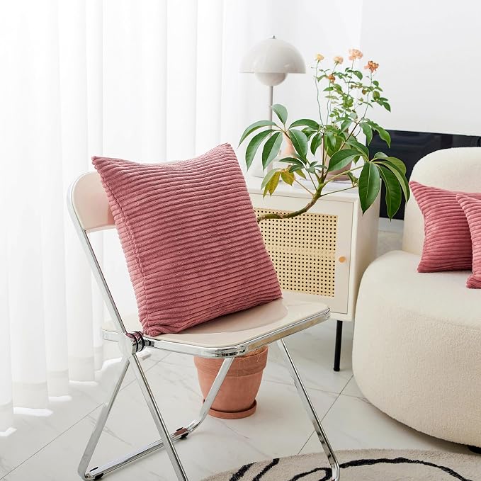 Home Brilliant 26x26 Pillow Covers Euro Shams Cover Large Solid Striped Corduroy Euro Throw Pillow Cushion Cover Sham for Patio, 26 x 26 inch, Dry Rose Pink