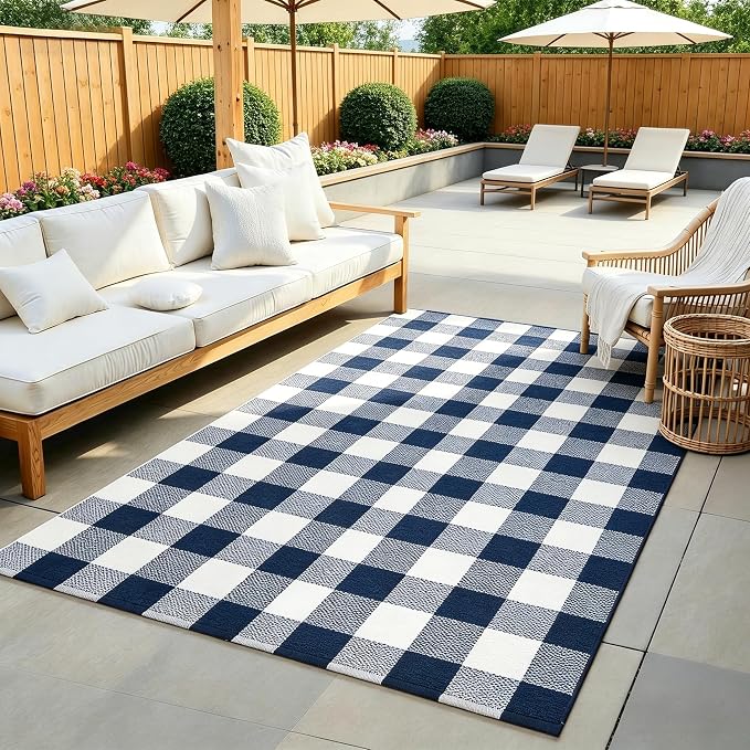 Buffalo Plaid Outdoor Rug 4x6 Ft Navy Blue and White Checkered Area Rug Washable Indoor Outdoor Rugs for Entryway,Hallway, Kitchen, Living Room, Dining Room, Bedroom