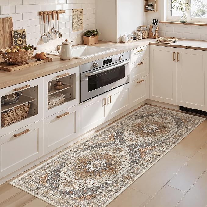 Madane Washable Runner Rug 2x6 Runners for Hallways Non Slip, Turmeric/Grey | Vintage Stain-Resistant 6 Feet Kitchen Rug, Soft Low-Pile Ultra-Thin Floor Carpet Mat for Bathroom Laundry Room Bedroom 2x6ft