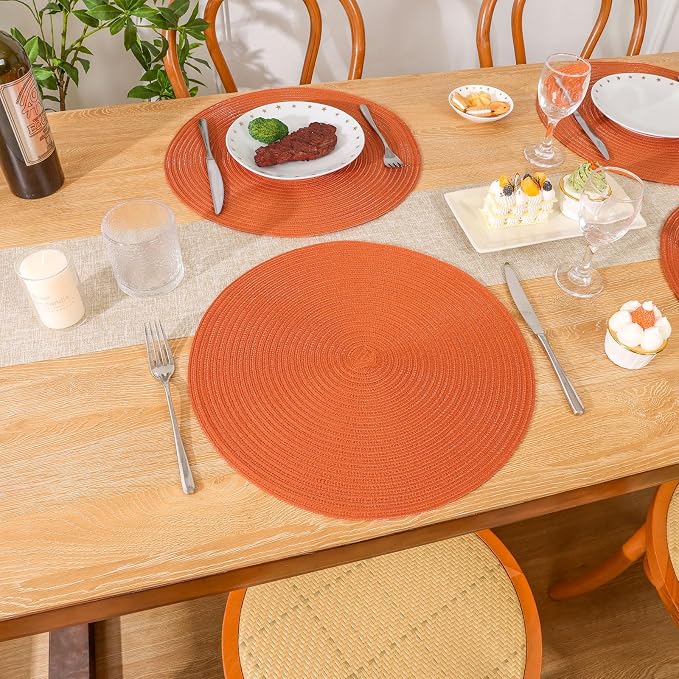 SHACOS Round Placemats Set of 6 Polyester 15 inch Round Braided Place Mats Washable Non Slip Kitchen Dining Table Mats Autumn Fall Placemats Decor, Bright Orange