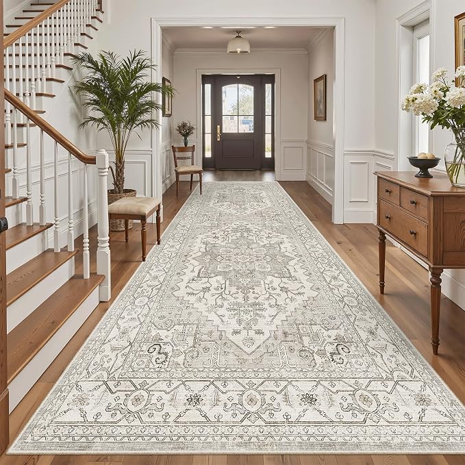 Madane 4x10 Wide Hallway Runner Rug Washable for Living Room, Beige/Brown | Soft Stain Resistant Ktichen Runners 10ft, Vintage Non Slip Low Pile Area Rugs, Thin Floor Carpet for Bathroom Dining Bedroom
