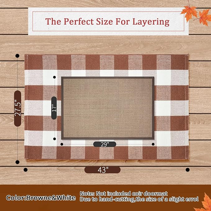 Buffalo Plaid Area Rug 27.5x43 in, Brown White Indoor Outdoor Rug | Cotton Blend, Brown White Checkered, Machine Washable, Front Porch Entryway, Kitchen Bathroom