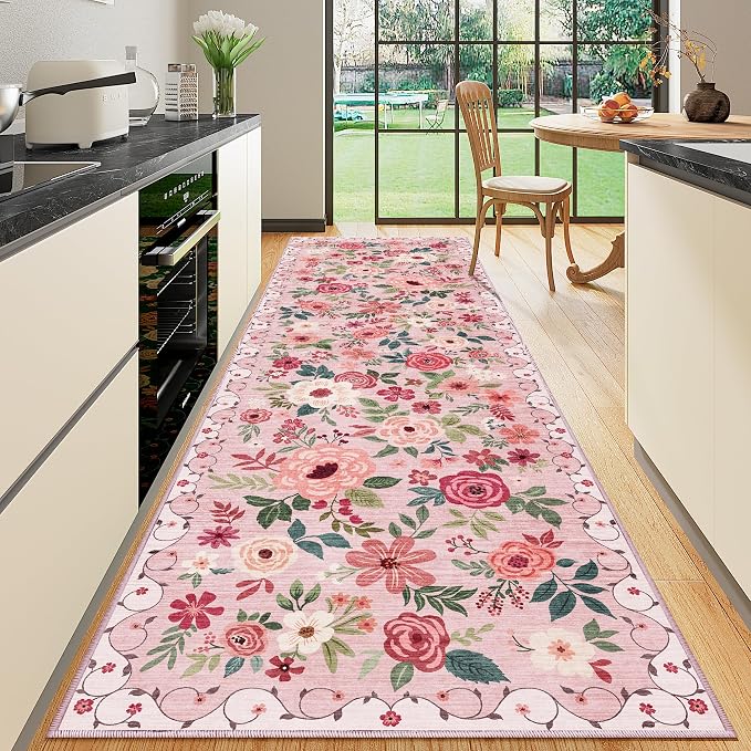 DUKINO 3x10 Runner Rug, Floral Washable Kitchen Runner Rug Non Slip, Pink | Soft, Low Pile, Stain Resistant Indoor Rug Runner for Hallway, Entryway, Bedroom, Bathroom, Modern Home Decor, Pet Friendly