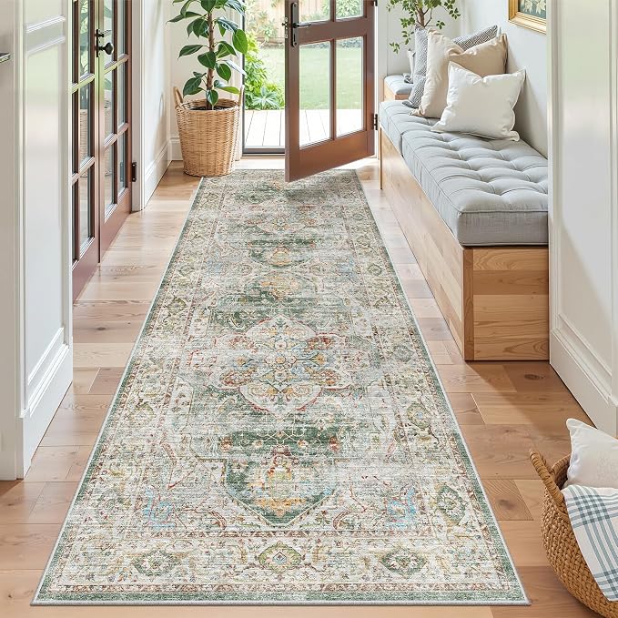 Madane Kitchen Runner 2'6''x8' Soft Rug Runners for Hallways, Green | Vintage Machine Washable Printed Rugs 2.5x8 Ft, Non-Slip Low Pile Stain-Resistant 8ft Floor Carpet for Laundry Room, Corridor