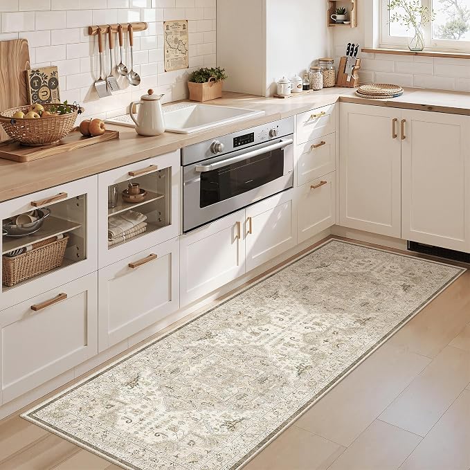 Madane Hallway Runner Rug 2x5 Washable Entry Rugs Non-Slip, Ivory/Brown | Vintage Printed Low-Pile Kitchen Runners, Soft Low-Pile Stain-Resistant Throw Carpet for Bedroom Entrance Laundry Room 2'x5'