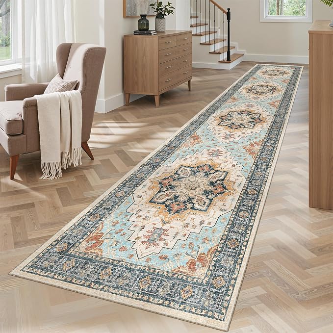 Madane Washable Runner Rugs 2x10 Long for Hallway Kitchen, Orange/Blue | Non-Slip Low-Pile 10ft Rug Runners Soft, Stain-Resistant Floor Carpet Mat for Entrance, Living Dining Laundry Room, Stair