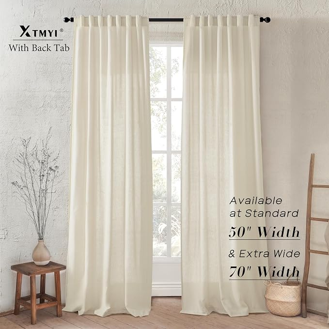 XTMYI Beige 100 Inches Long Country Curtains for Living Room,Sheer Linen Shabby Chic Curtains for Bedroom,50 Inches Wide