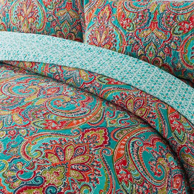 NEWLAKE Cotton Bedspread Quilt Sets-Reversible Patchwork Coverlet Set, European Gorgeous Floral Pattern, California King Size