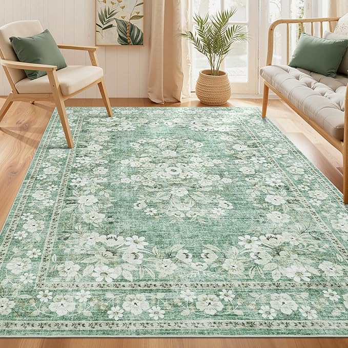 GarveeHome 5x7 Area Rug for Living Room Vintage Floral Rugs | Washable Botanical Floor Carpets Flower Bordered Accent Mats Non-Slip Low Pile Area Rug for Bedroom Dining Nursery Room Green