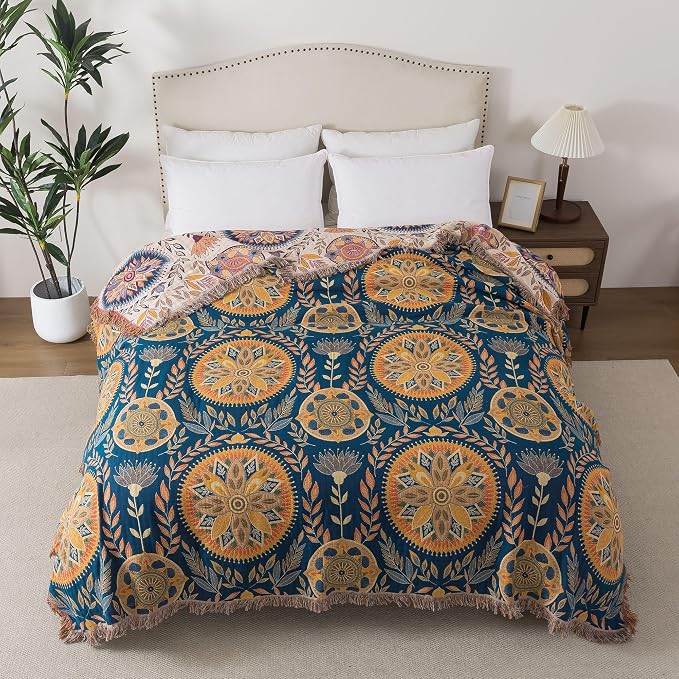 Phuryllic Boho Throw Blanket Throw Size, Soft Cozy Cotton Muslin Quilt Blanket for Bed Decor, Floral Patterned Couch Sofa Chair Cover, Vintage Farmhouse Cottage Tapestry Woven Blanket, Beige&Blue