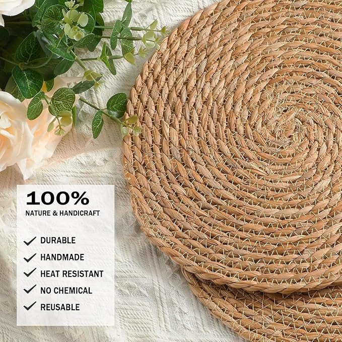 Handmade Heat Resistant 13.8" Round Woven Placemats Set of 10, Wicker Boho No Chemical Natural Water Hyacinth Place Mats, Farmhouse Table Mats for Kitchen Dining Table,Home Decorations,Wedding
